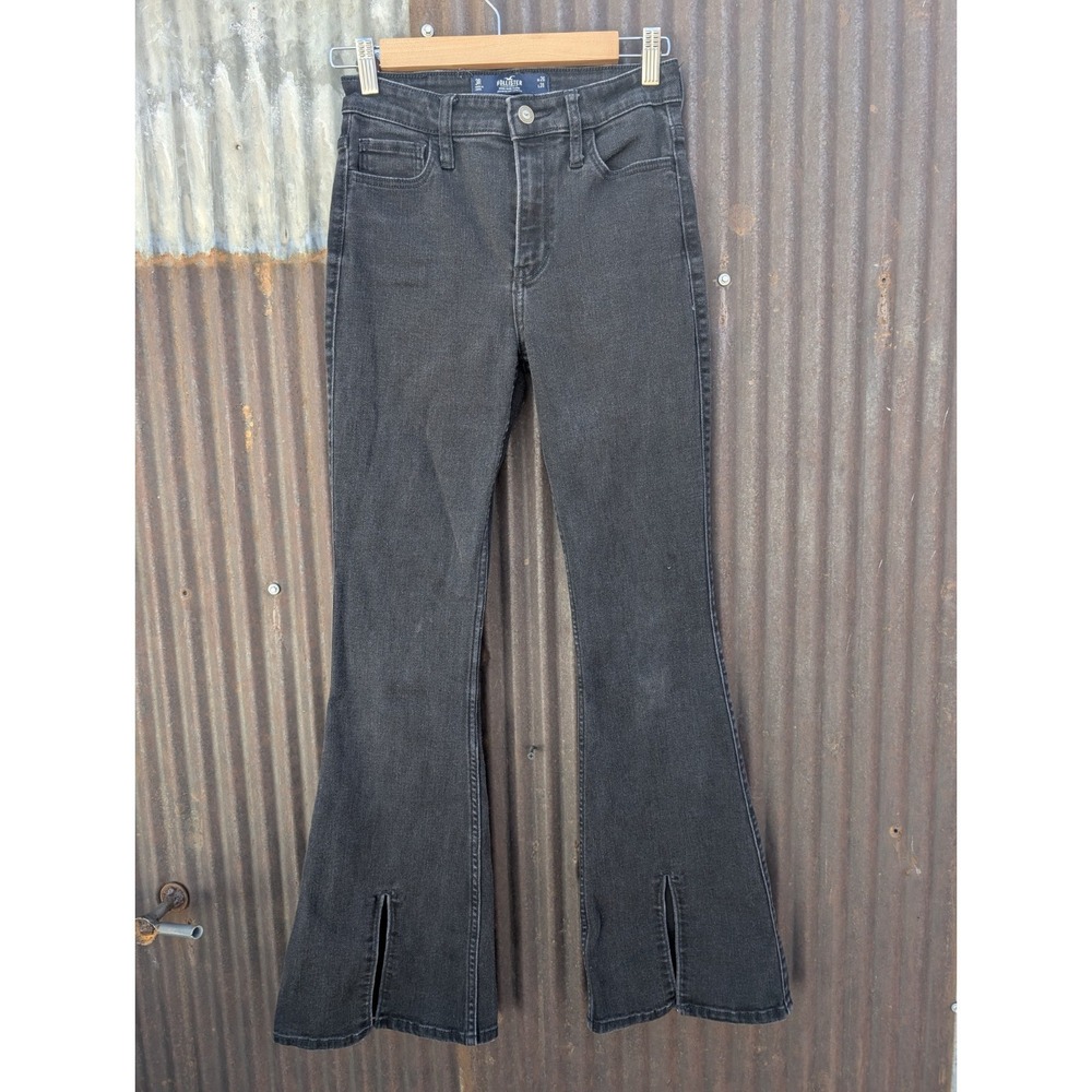 Hollister High Rise Flare Jeans Women Size 3 Waist 26" Front Slit Hippie Biker